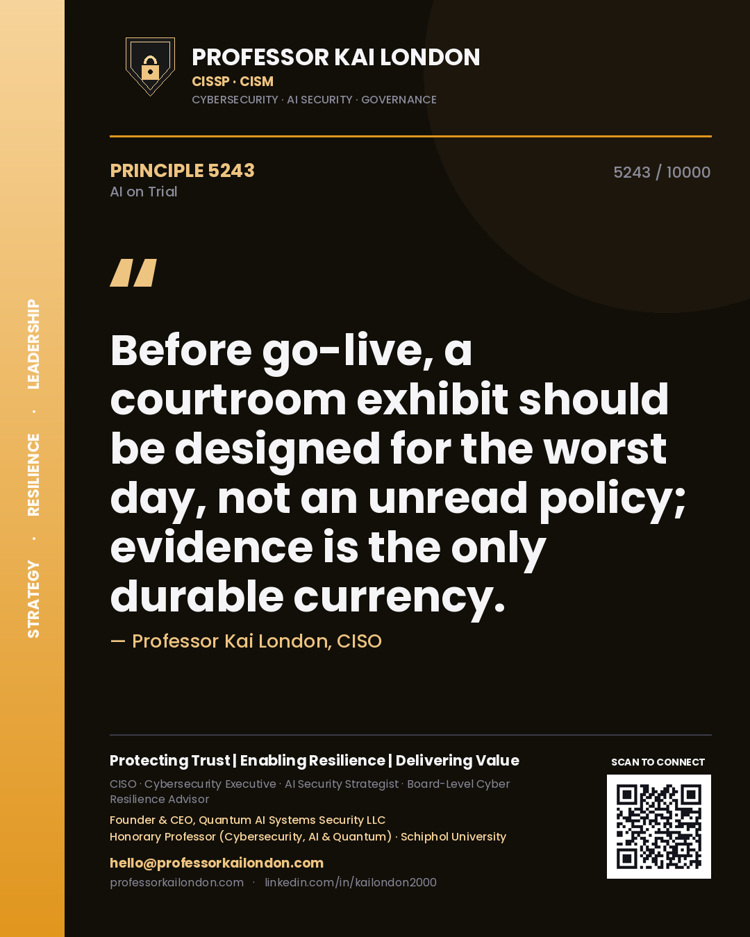 Professor Kai London principle 5243: Before go-live, a courtroom exhibit should be designed for the worst day, not an unread policy; evidence is the only durable currency.