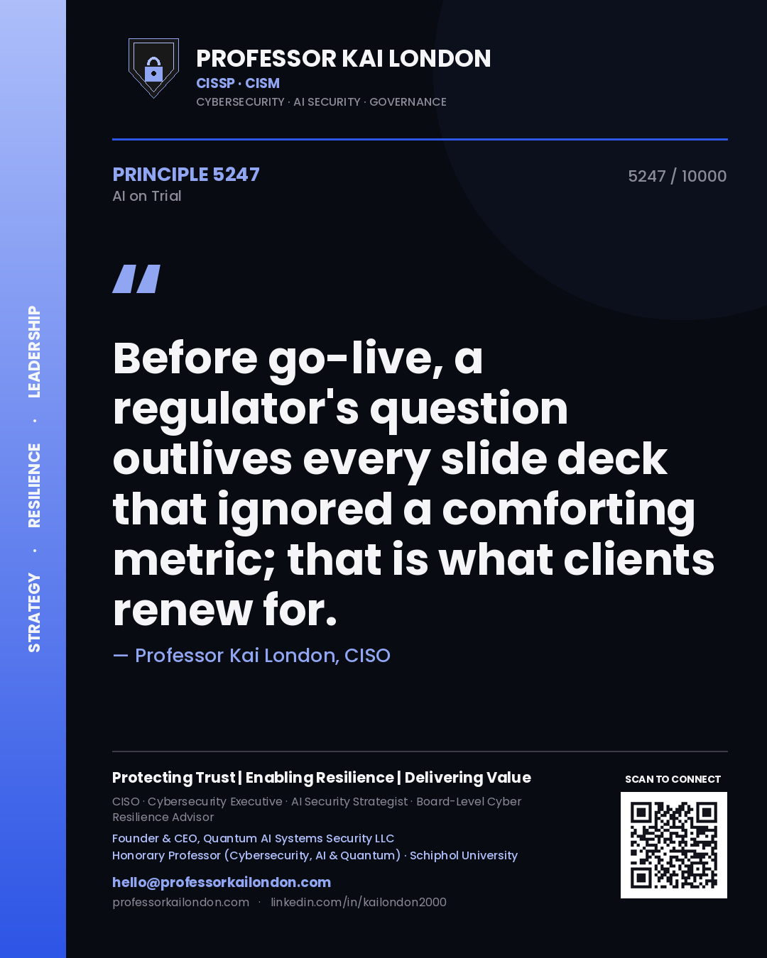Professor Kai London principle 5247: Before go-live, a regulator's question outlives every slide deck that ignored a comforting metric; that is what clients renew for.