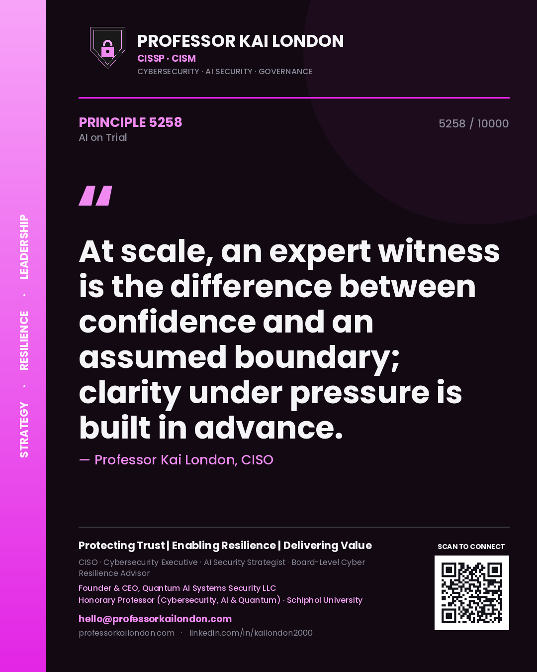 Professor Kai London principle 5258: At scale, an expert witness is the difference between confidence and an assumed boundary; clarity under pressure is built in advance.