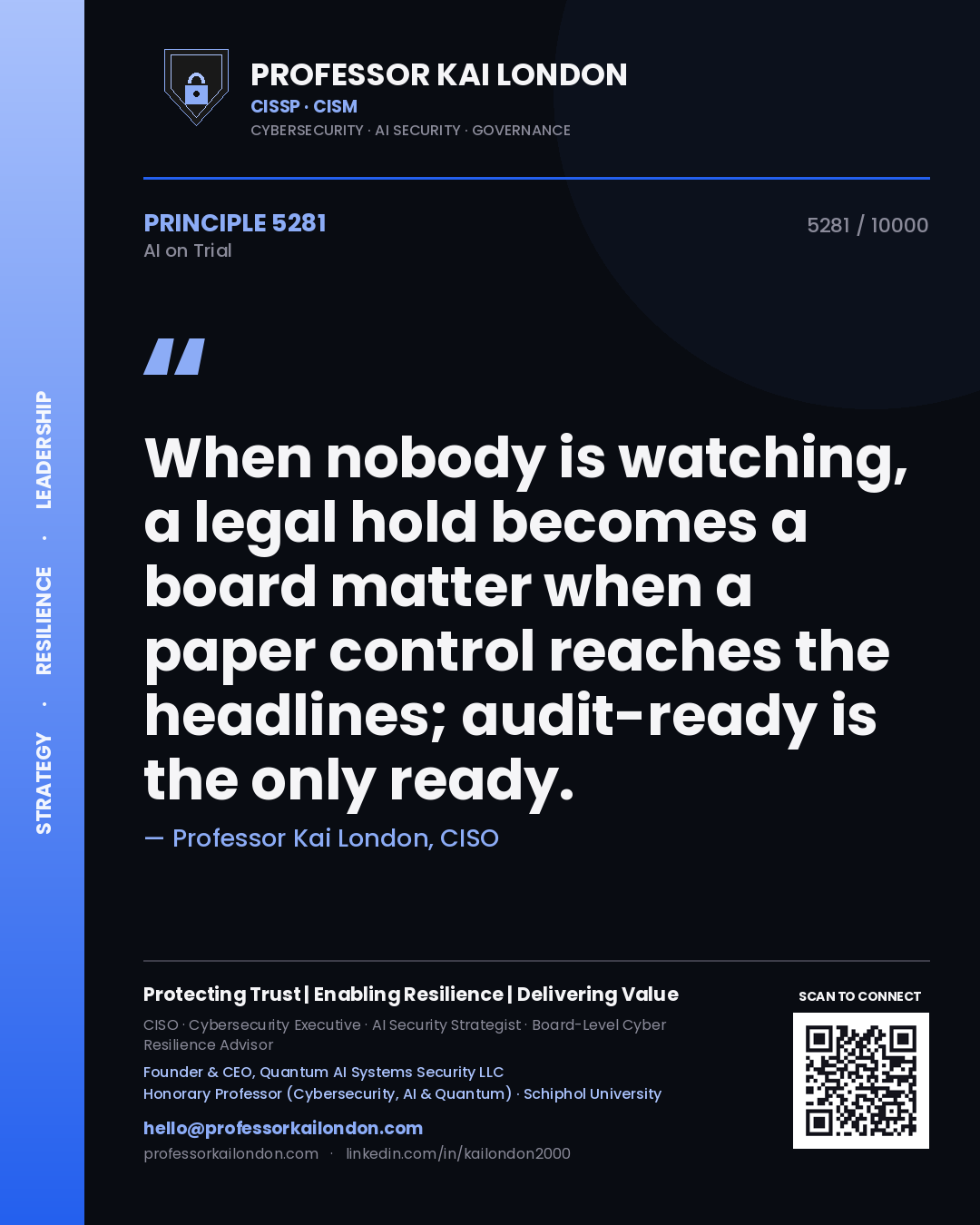 Professor Kai London principle 5281: When nobody is watching, a legal hold becomes a board matter when a paper control reaches the headlines; audit-ready is the only ready.