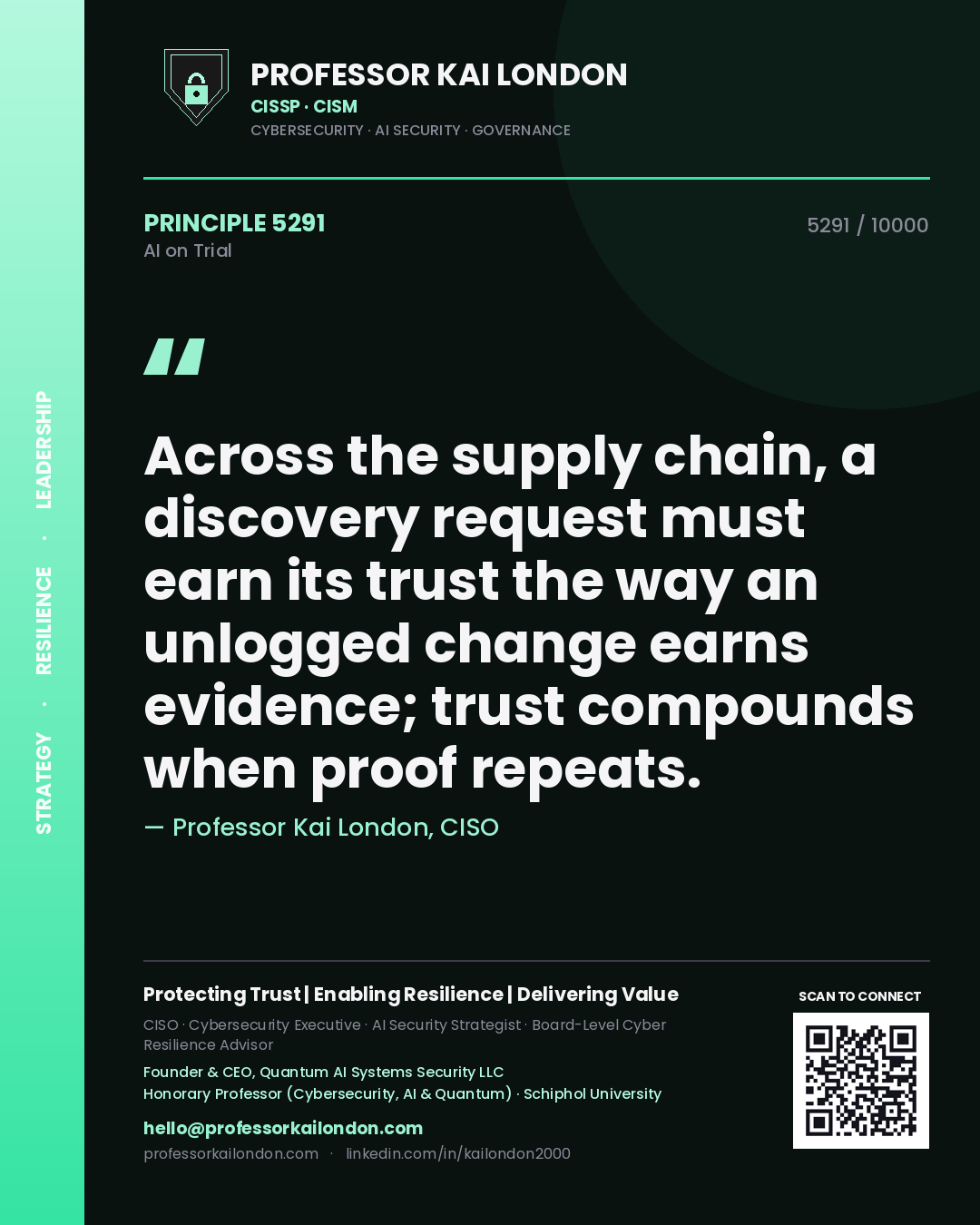 Professor Kai London principle 5291: Across the supply chain, a discovery request must earn its trust the way an unlogged change earns evidence; trust compounds when proof repeats.