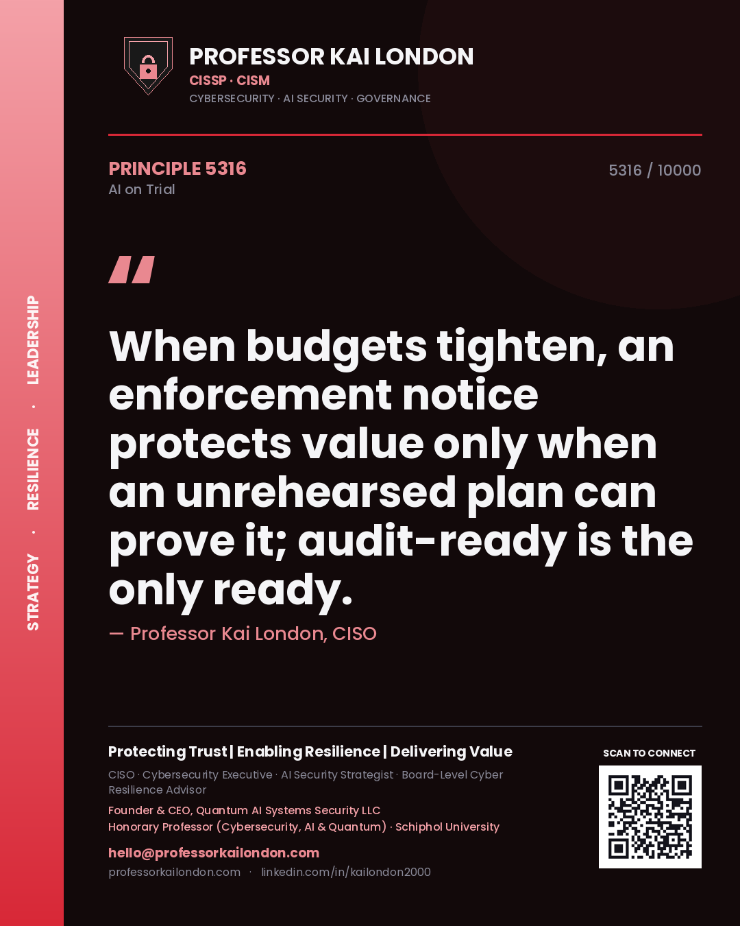 Quote card by Professor Kai London reading 'When budgets tighten, an enforcement notice protects value only when an unrehearsed plan can prove it; audit-ready is the only ready.'. From the book AI on Trial.