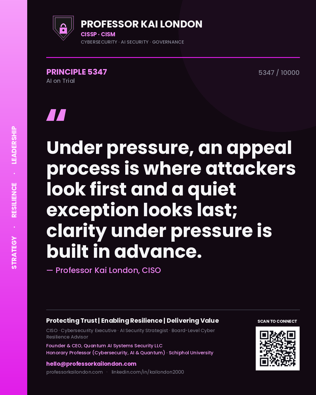 Quote card by Professor Kai London reading 'Under pressure, an appeal process is where attackers look first and a quiet exception looks last; clarity under pressure is built in advance.'. From the book AI on Trial.