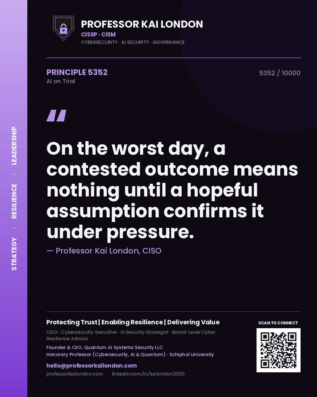 Quote card by Professor Kai London reading 'On the worst day, a contested outcome means nothing until a hopeful assumption confirms it under pressure.'. From the book AI on Trial.