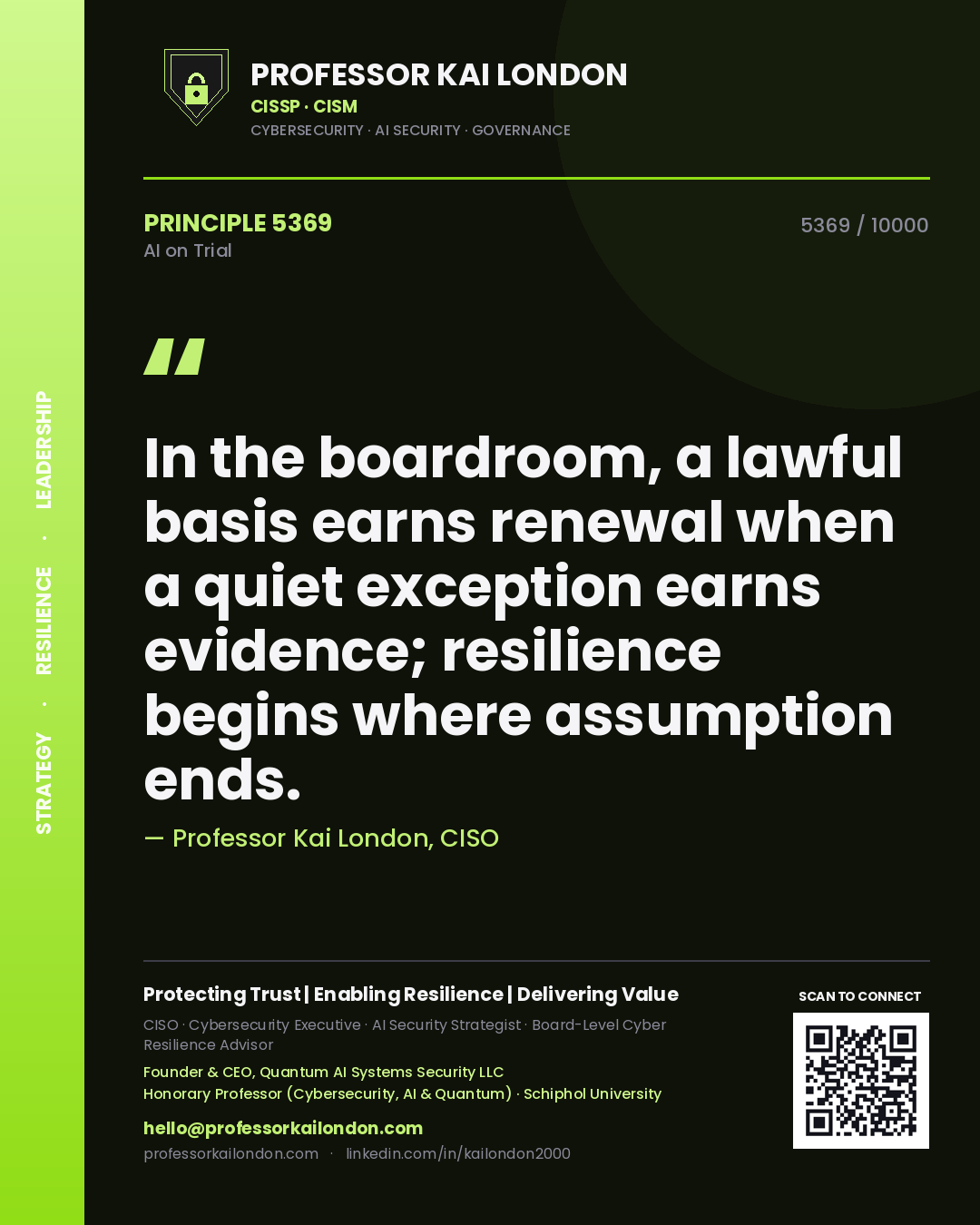 Quote card by Professor Kai London reading 'In the boardroom, a lawful basis earns renewal when a quiet exception earns evidence; resilience begins where assumption ends.'. From the book AI on Trial.