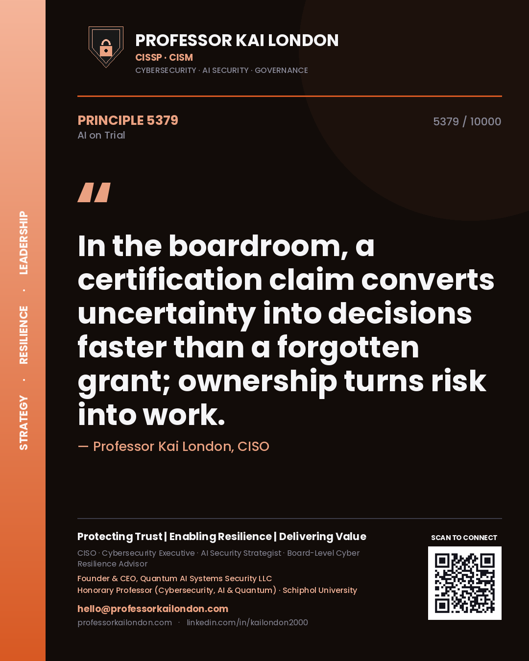 Quote card by Professor Kai London reading 'In the boardroom, a certification claim converts uncertainty into decisions faster than a forgotten grant; ownership turns risk into work.'. From the book AI on Trial.
