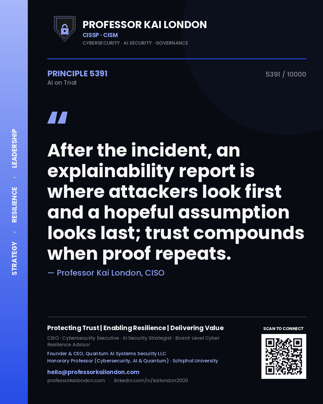 Quote card by Professor Kai London reading 'After the incident, an explainability report is where attackers look first and a hopeful assumption looks last; trust compounds when proof repeats.'. From the book AI on Trial.