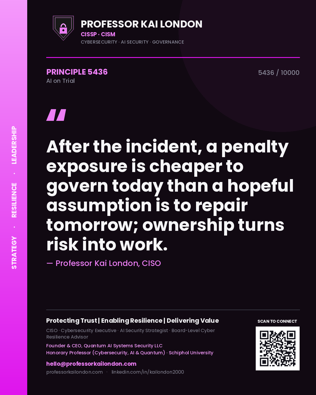 Professor Kai London principle 5436: After the incident, a penalty exposure is cheaper to govern today than a hopeful assumption is to repair tomorrow; ownership turns risk into work.