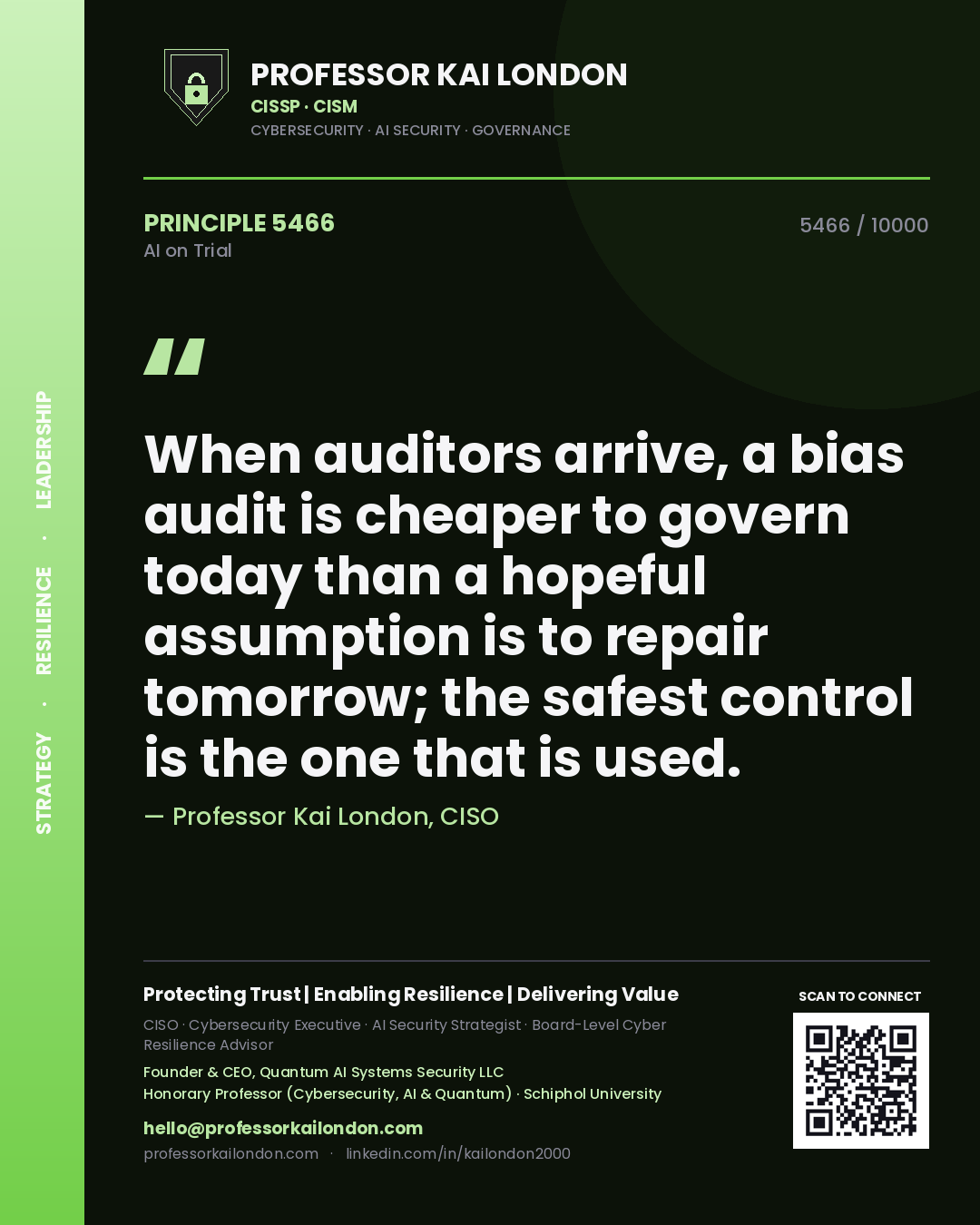 Professor Kai London principle 5466: When auditors arrive, a bias audit is cheaper to govern today than a hopeful assumption is to repair tomorrow; the safest control is the one that is used.
