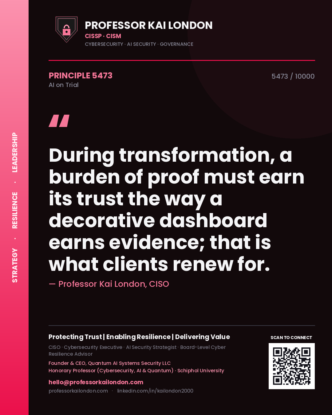 Professor Kai London principle 5473: During transformation, a burden of proof must earn its trust the way a decorative dashboard earns evidence; that is what clients renew for.
