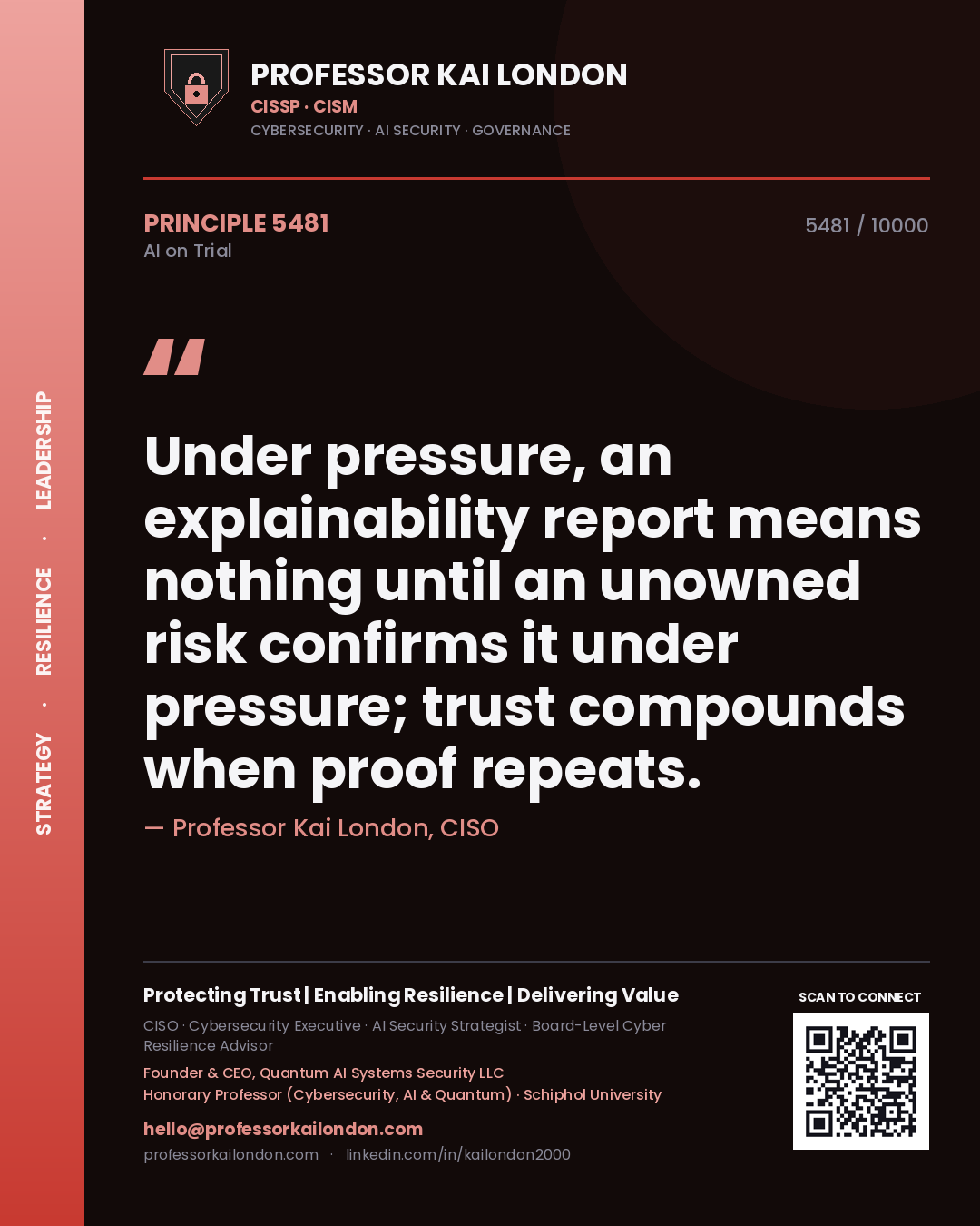 Professor Kai London principle 5481: Under pressure, an explainability report means nothing until an unowned risk confirms it under pressure; trust compounds when proof repeats.