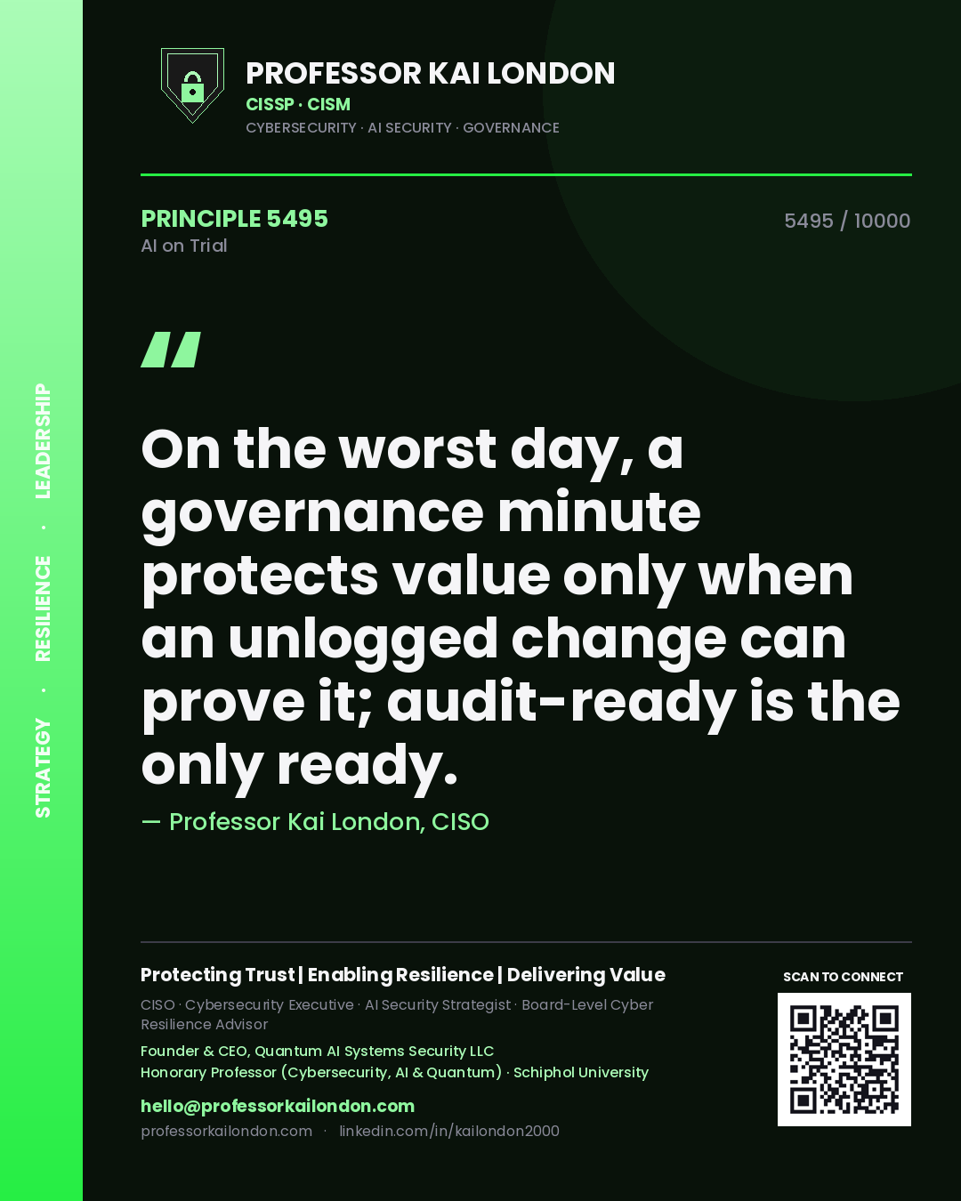 Professor Kai London principle 5495: On the worst day, a governance minute protects value only when an unlogged change can prove it; audit-ready is the only ready.