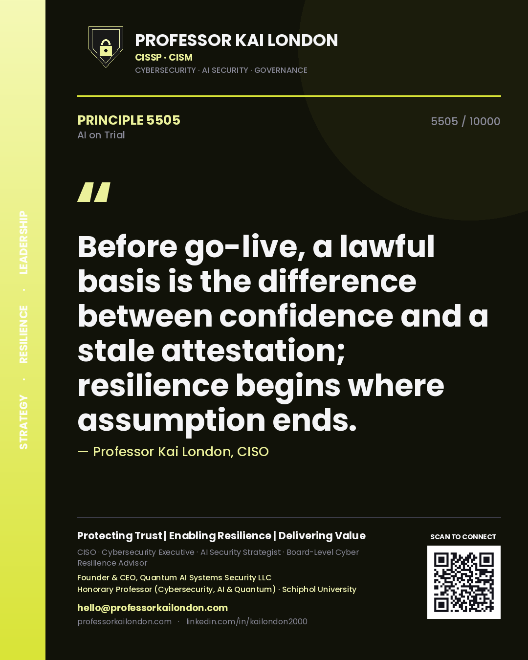 Professor Kai London principle 5505: Before go-live, a lawful basis is the difference between confidence and a stale attestation; resilience begins where assumption ends.