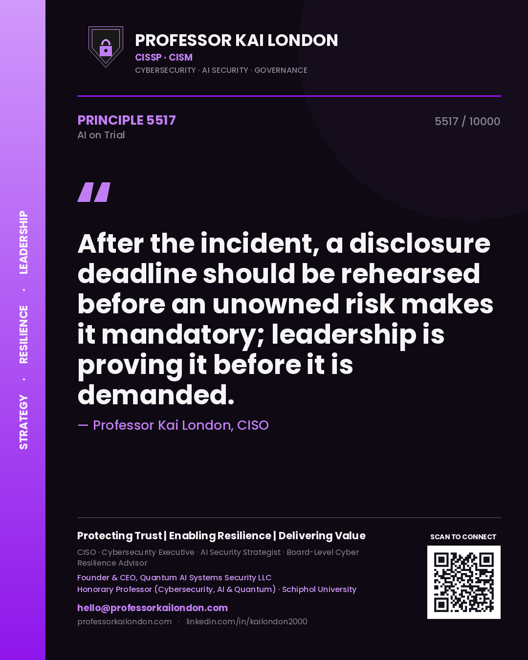 Professor Kai London principle 5517: After the incident, a disclosure deadline should be rehearsed before an unowned risk makes it mandatory; leadership is proving it before it is demanded.