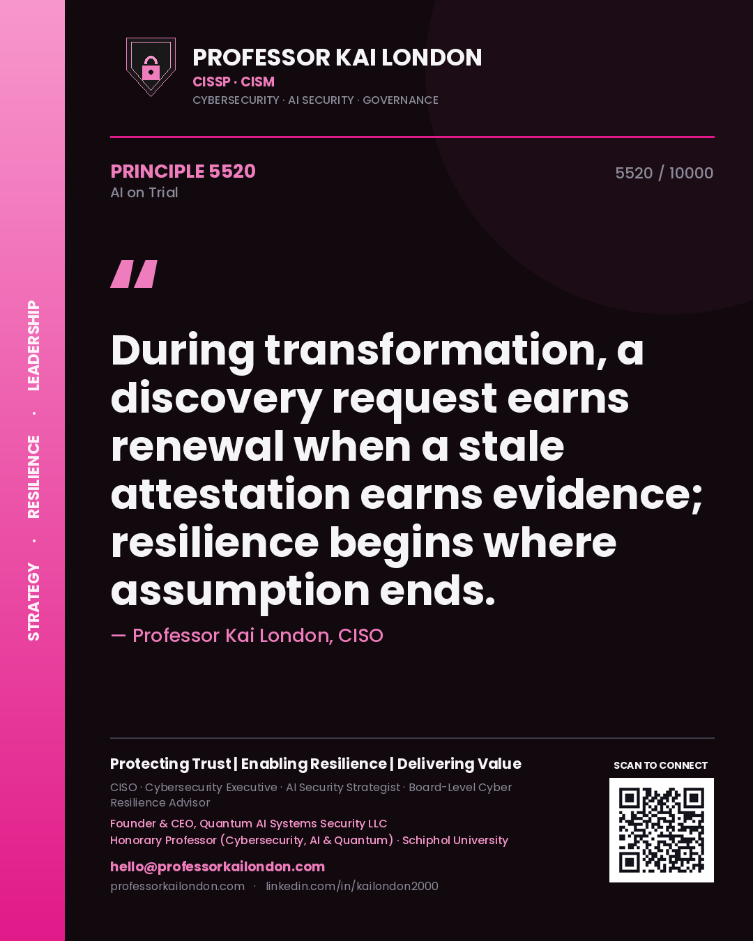 Professor Kai London principle 5520: During transformation, a discovery request earns renewal when a stale attestation earns evidence; resilience begins where assumption ends.