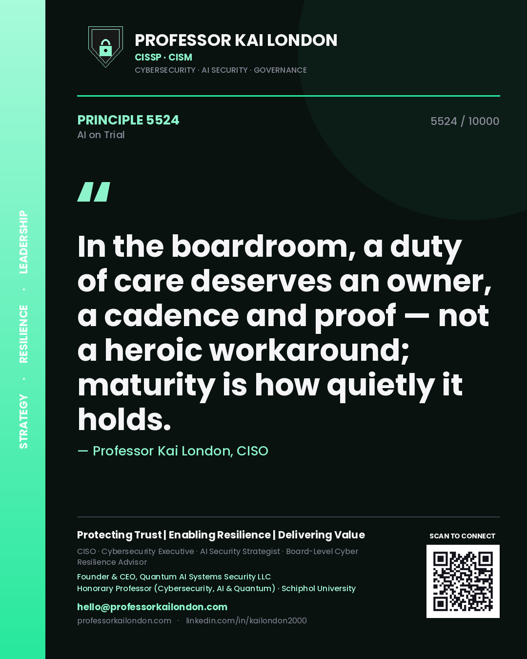 Professor Kai London principle 5524: In the boardroom, a duty of care deserves an owner, a cadence and proof — not a heroic workaround; maturity is how quietly it holds.