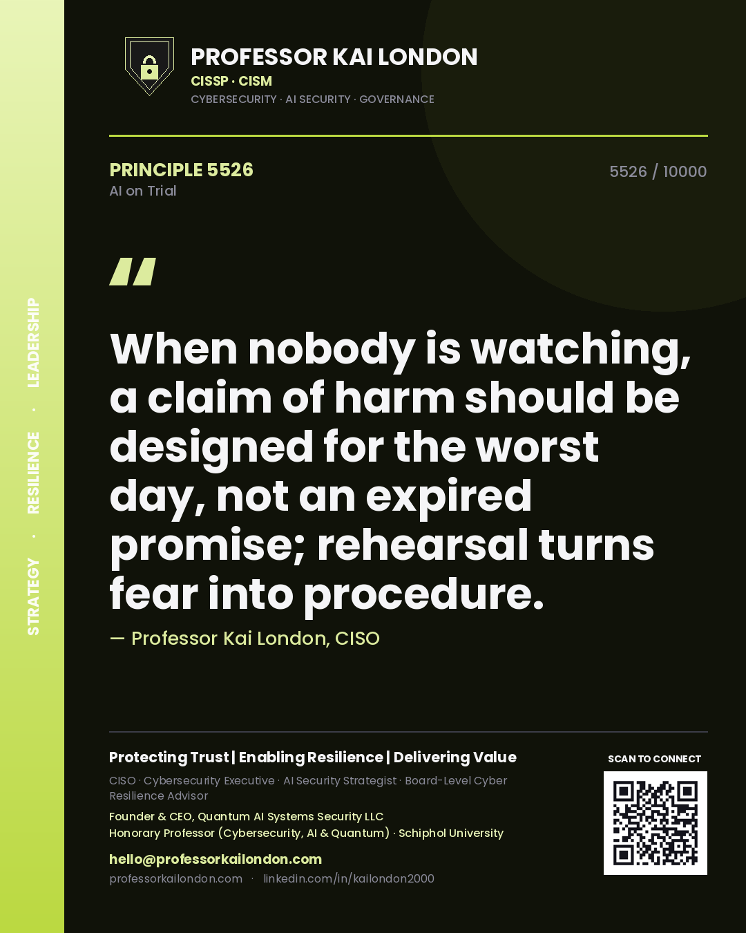 Professor Kai London principle 5526: When nobody is watching, a claim of harm should be designed for the worst day, not an expired promise; rehearsal turns fear into procedure.