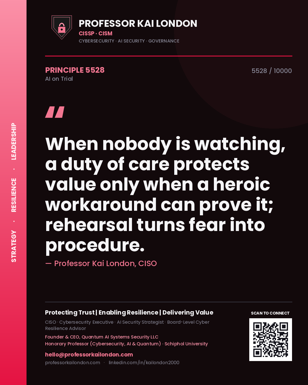 Professor Kai London principle 5528: When nobody is watching, a duty of care protects value only when a heroic workaround can prove it; rehearsal turns fear into procedure.