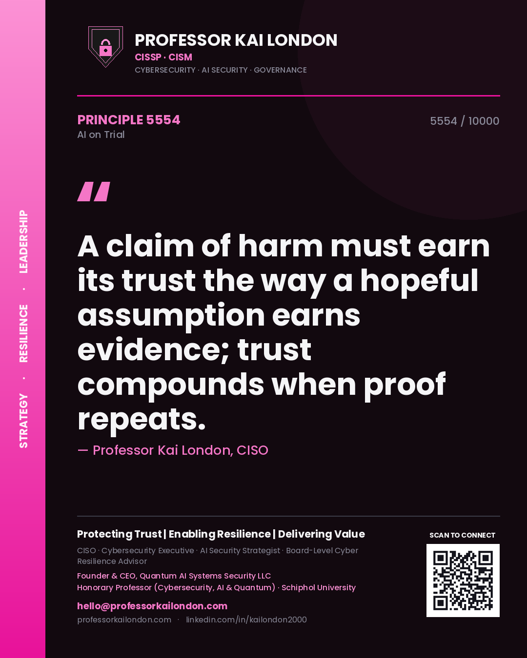 Professor Kai London principle 5554: A claim of harm must earn its trust the way a hopeful assumption earns evidence; trust compounds when proof repeats.