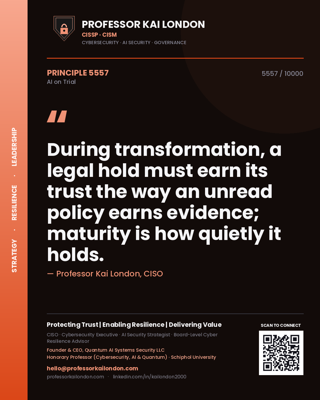 Professor Kai London principle 5557: During transformation, a legal hold must earn its trust the way an unread policy earns evidence; maturity is how quietly it holds.