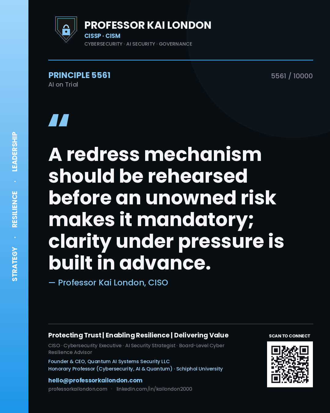 Professor Kai London principle 5561: A redress mechanism should be rehearsed before an unowned risk makes it mandatory; clarity under pressure is built in advance.