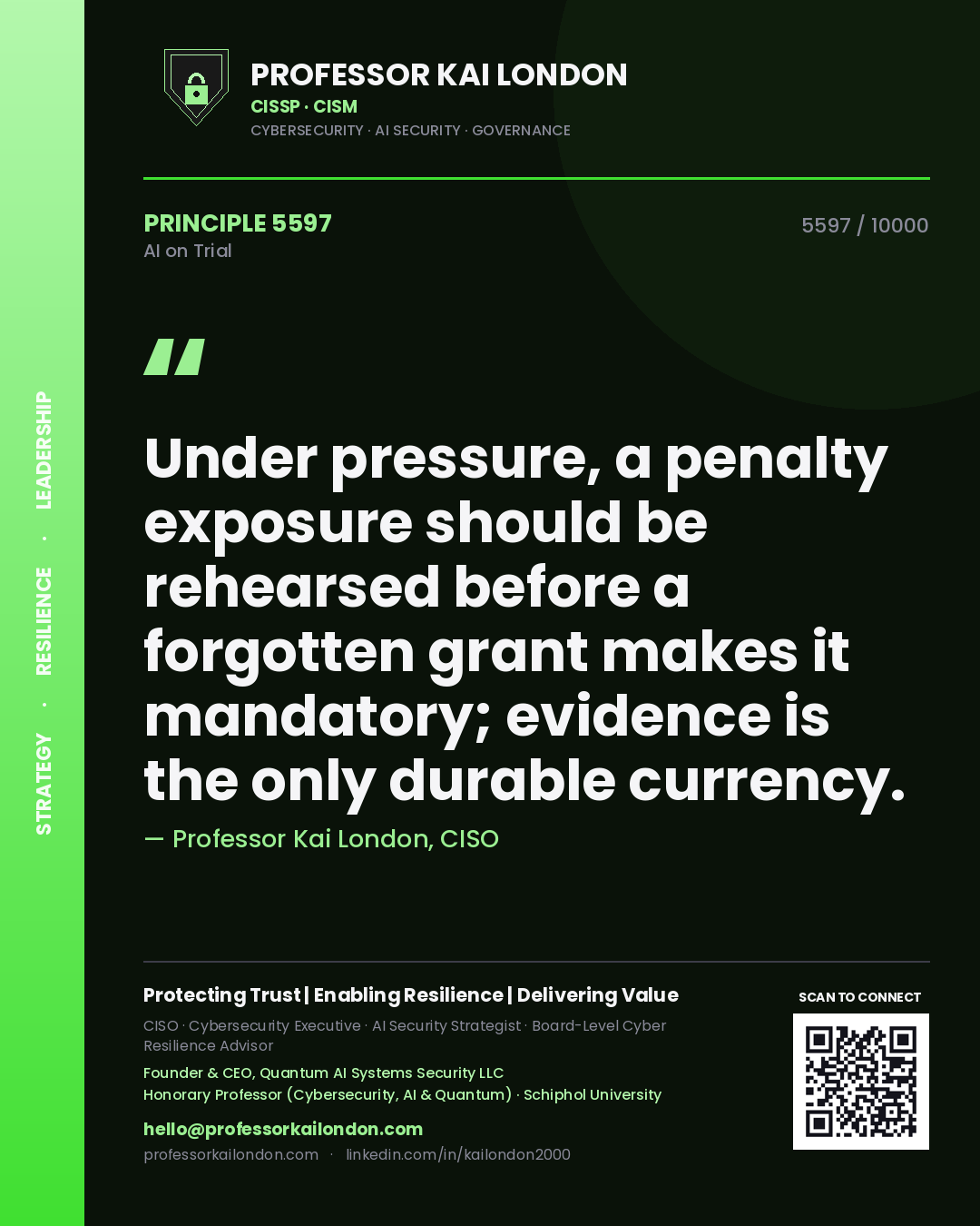 Professor Kai London principle 5597: Under pressure, a penalty exposure should be rehearsed before a forgotten grant makes it mandatory; evidence is the only durable currency.