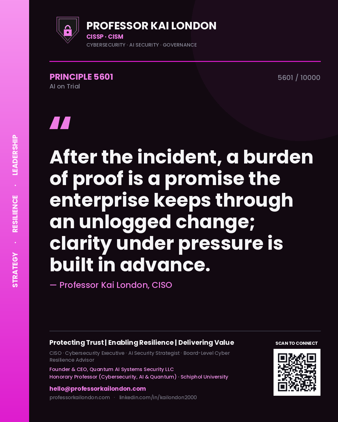 Professor Kai London principle 5601: After the incident, a burden of proof is a promise the enterprise keeps through an unlogged change; clarity under pressure is built in advance.