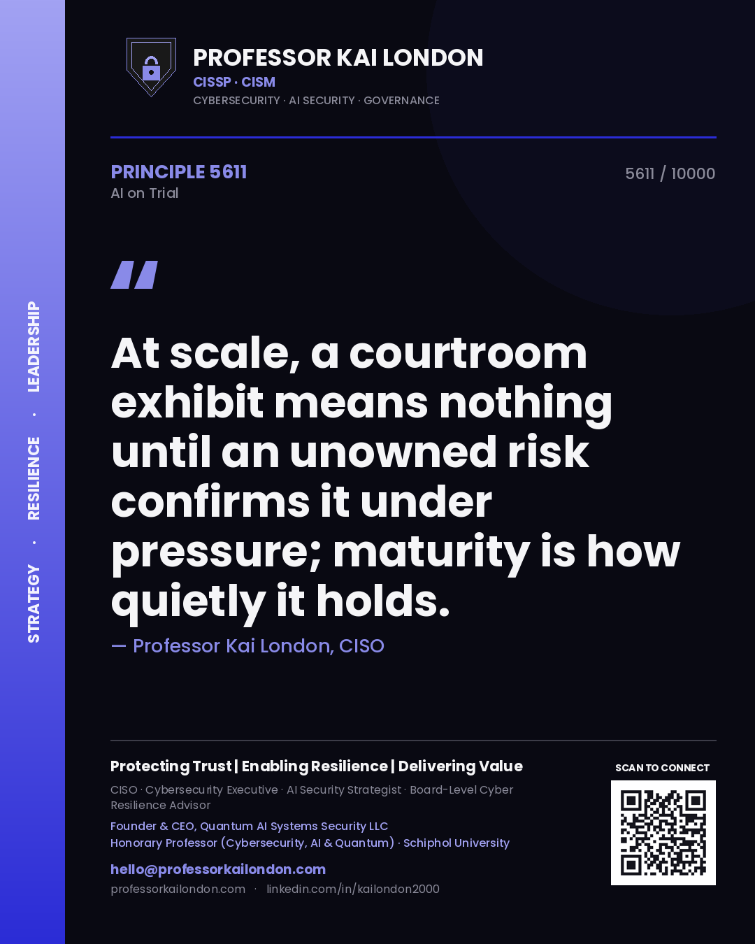 Professor Kai London principle 5611: At scale, a courtroom exhibit means nothing until an unowned risk confirms it under pressure; maturity is how quietly it holds.