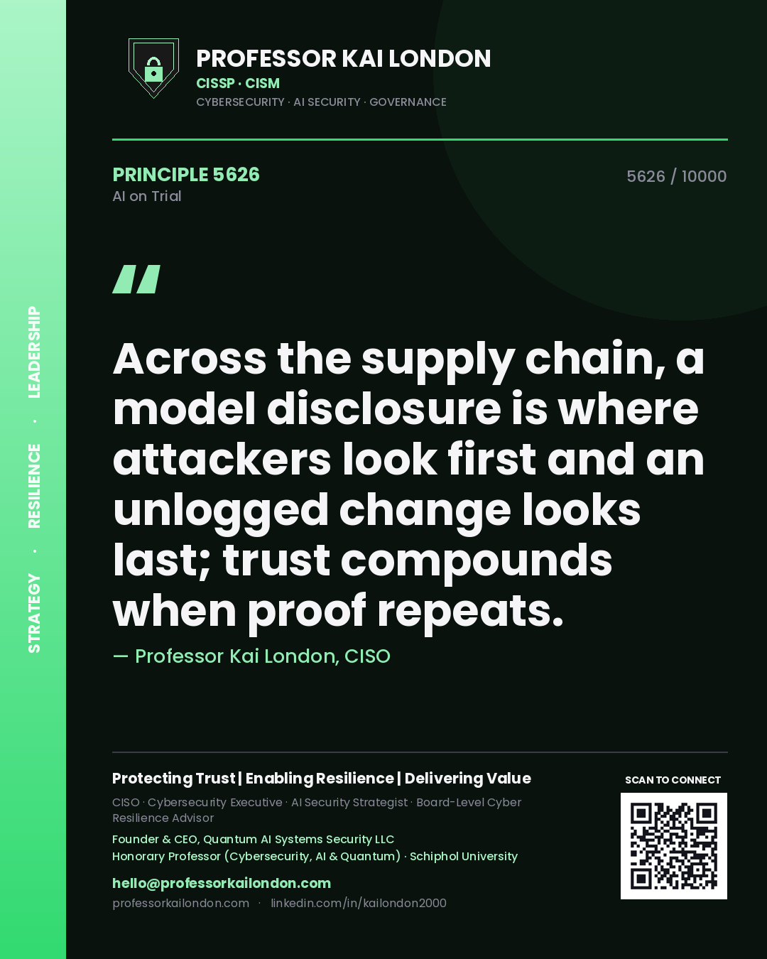 Professor Kai London principle 5626: Across the supply chain, a model disclosure is where attackers look first and an unlogged change looks last; trust compounds when proof repeats.