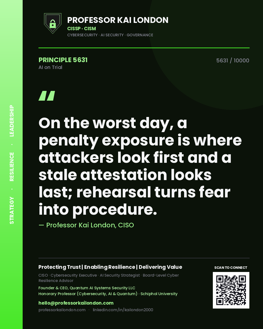 Professor Kai London principle 5631: On the worst day, a penalty exposure is where attackers look first and a stale attestation looks last; rehearsal turns fear into procedure.