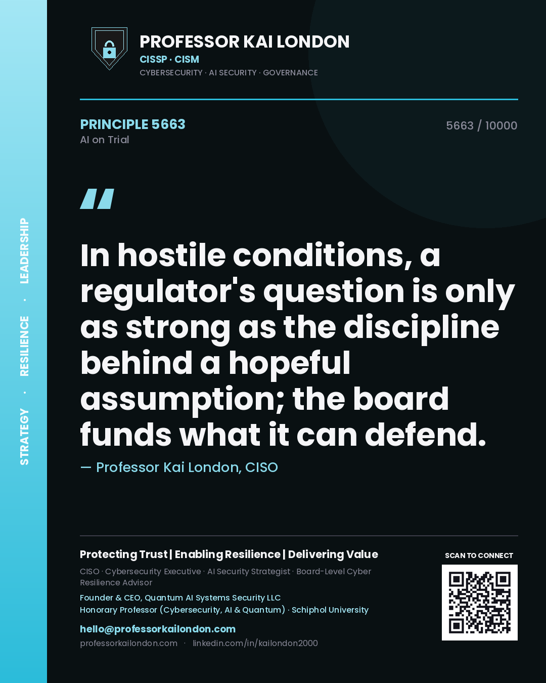 Professor Kai London principle 5663: In hostile conditions, a regulator's question is only as strong as the discipline behind a hopeful assumption; the board funds what it can defend.