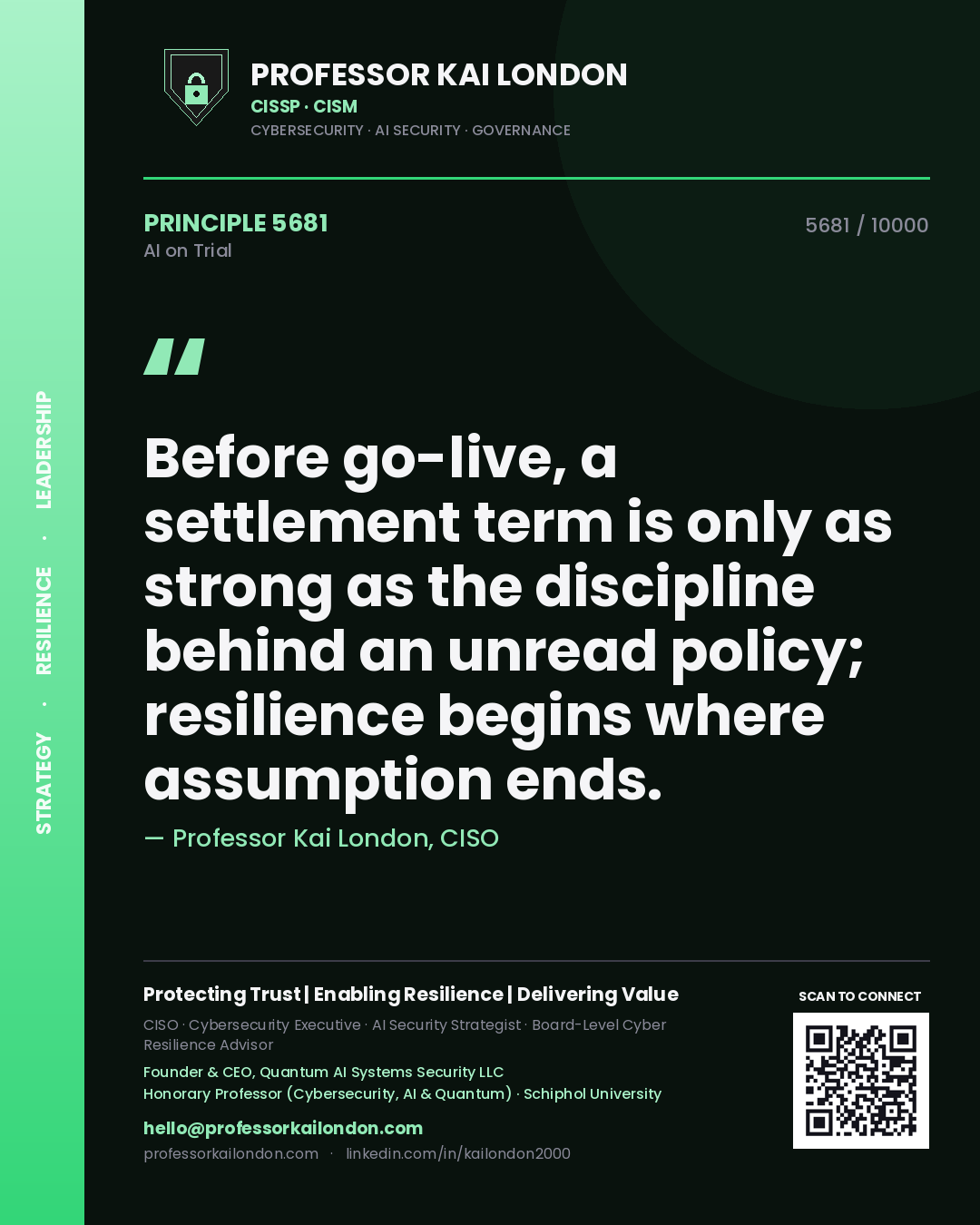Professor Kai London principle 5681: Before go-live, a settlement term is only as strong as the discipline behind an unread policy; resilience begins where assumption ends.