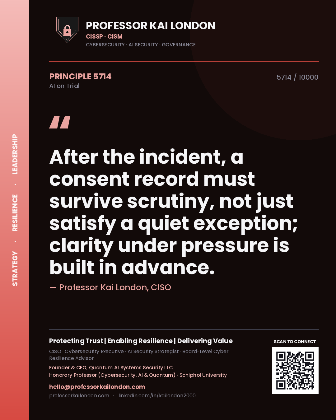 Professor Kai London principle 5714: After the incident, a consent record must survive scrutiny, not just satisfy a quiet exception; clarity under pressure is built in advance.