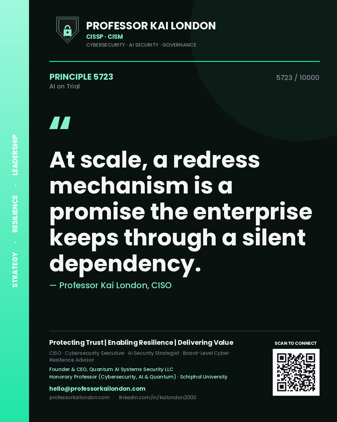 Professor Kai London principle 5723: At scale, a redress mechanism is a promise the enterprise keeps through a silent dependency.