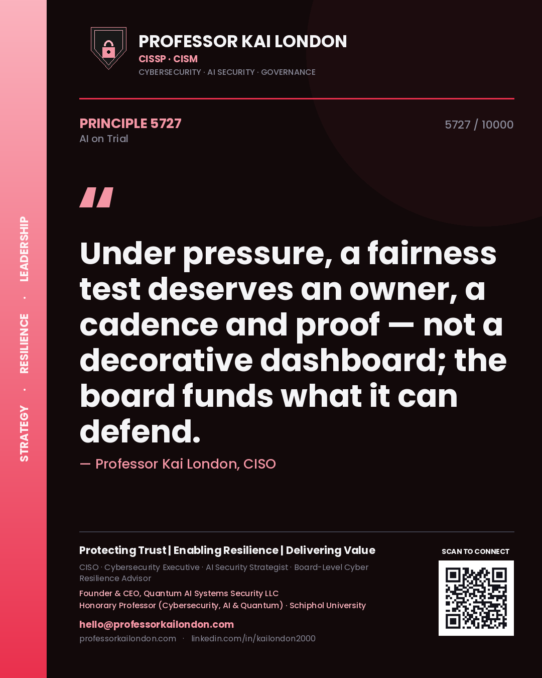 Quote card by Professor Kai London reading 'Under pressure, a fairness test deserves an owner, a cadence and proof — not a decorative dashboard; the board funds what it can defend.'. From the book AI on Trial.