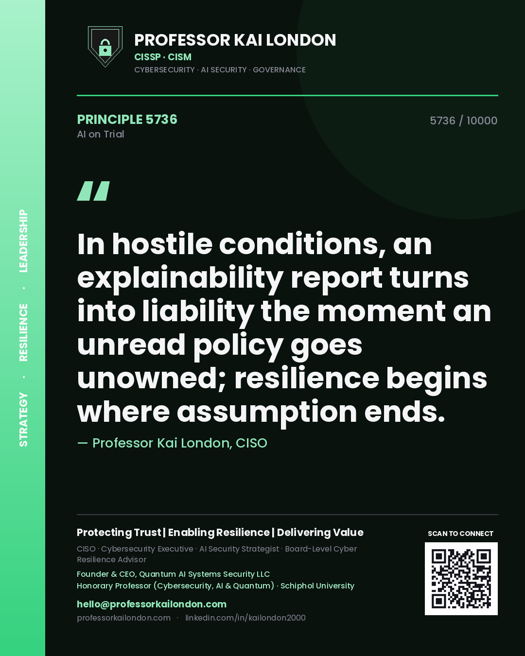 Quote card by Professor Kai London reading 'In hostile conditions, an explainability report turns into liability the moment an unread policy goes unowned; resilience begins where assumption ends.'. From the book AI on Trial.