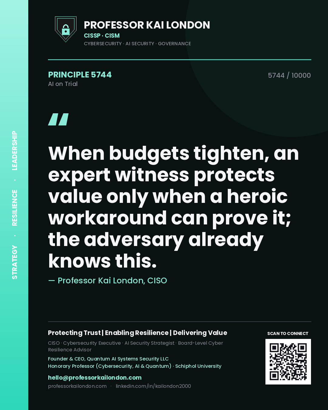 Quote card by Professor Kai London reading 'When budgets tighten, an expert witness protects value only when a heroic workaround can prove it; the adversary already knows this.'. From the book AI on Trial.