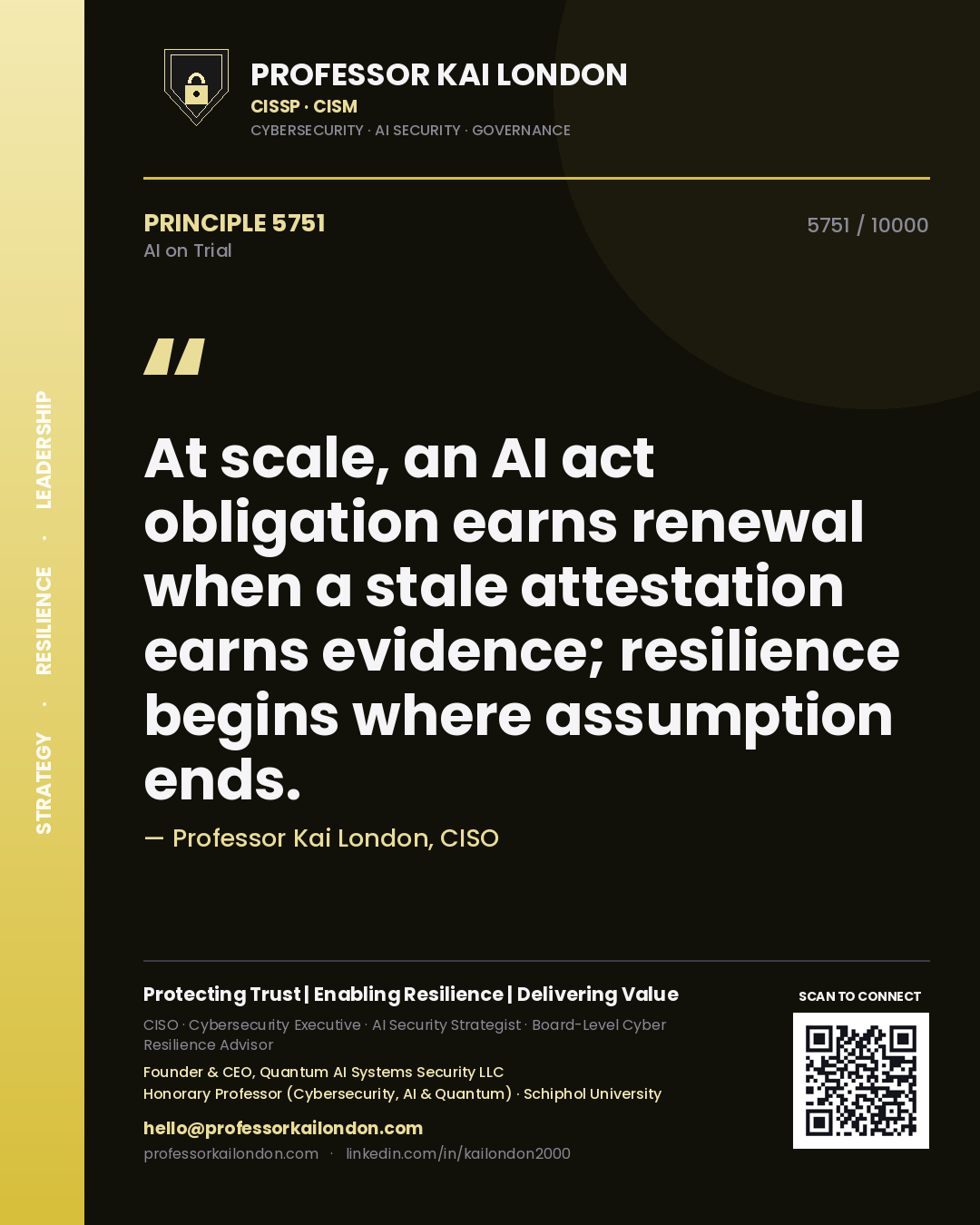 Quote card by Professor Kai London reading 'At scale, an AI act obligation earns renewal when a stale attestation earns evidence; resilience begins where assumption ends.'. From the book AI on Trial.