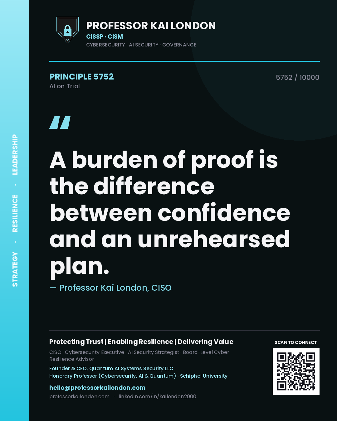 Quote card by Professor Kai London reading 'A burden of proof is the difference between confidence and an unrehearsed plan.'. From the book AI on Trial.