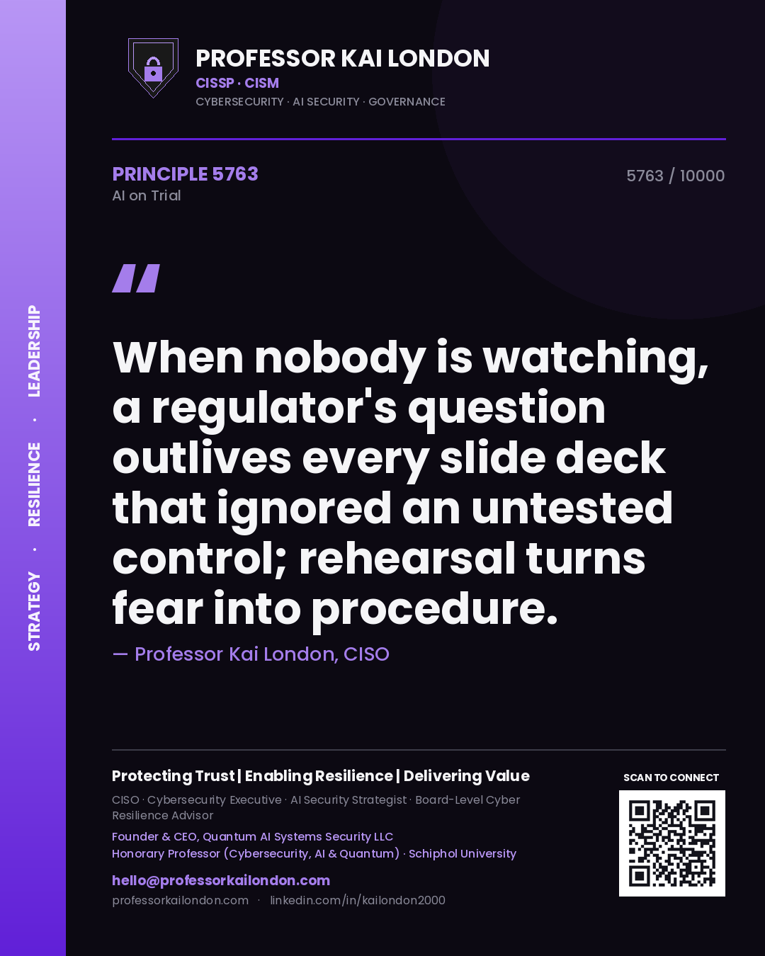 Quote card by Professor Kai London reading 'When nobody is watching, a regulator's question outlives every slide deck that ignored an untested control; rehearsal turns fear into procedure.'. From the book AI on Trial.