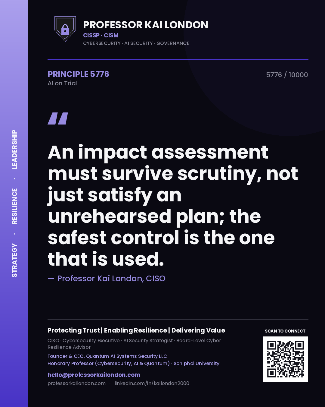 Professor Kai London principle 5776: An impact assessment must survive scrutiny, not just satisfy an unrehearsed plan; the safest control is the one that is used.