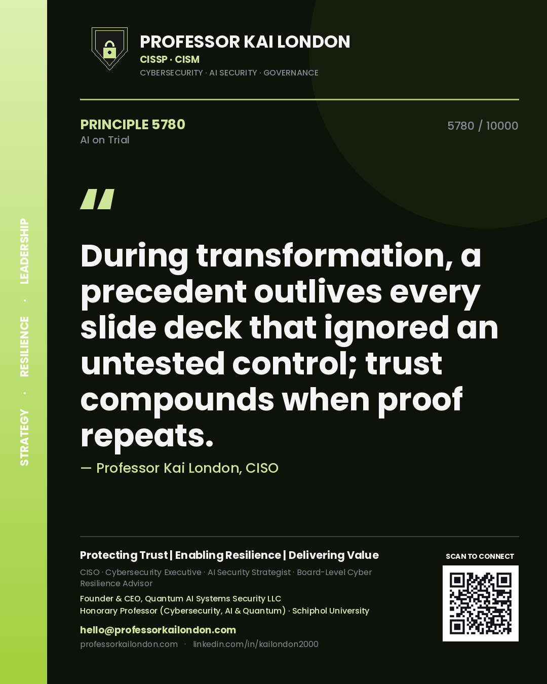 Quote card by Professor Kai London reading 'During transformation, a precedent outlives every slide deck that ignored an untested control; trust compounds when proof repeats.'. From the book AI on Trial.