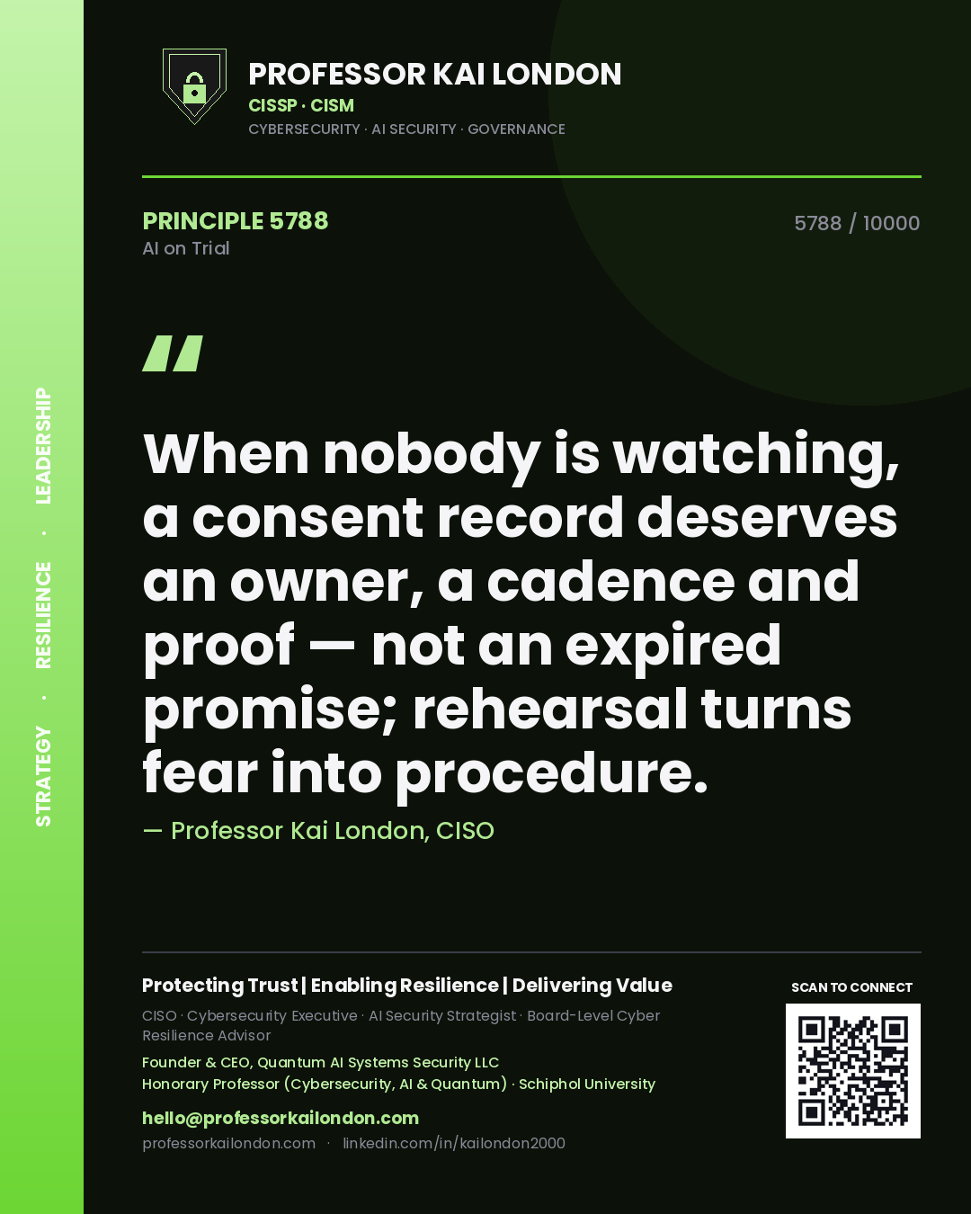 Quote card by Professor Kai London reading 'When nobody is watching, a consent record deserves an owner, a cadence and proof — not an expired promise; rehearsal turns fear into procedure.'. From the book AI on Trial.