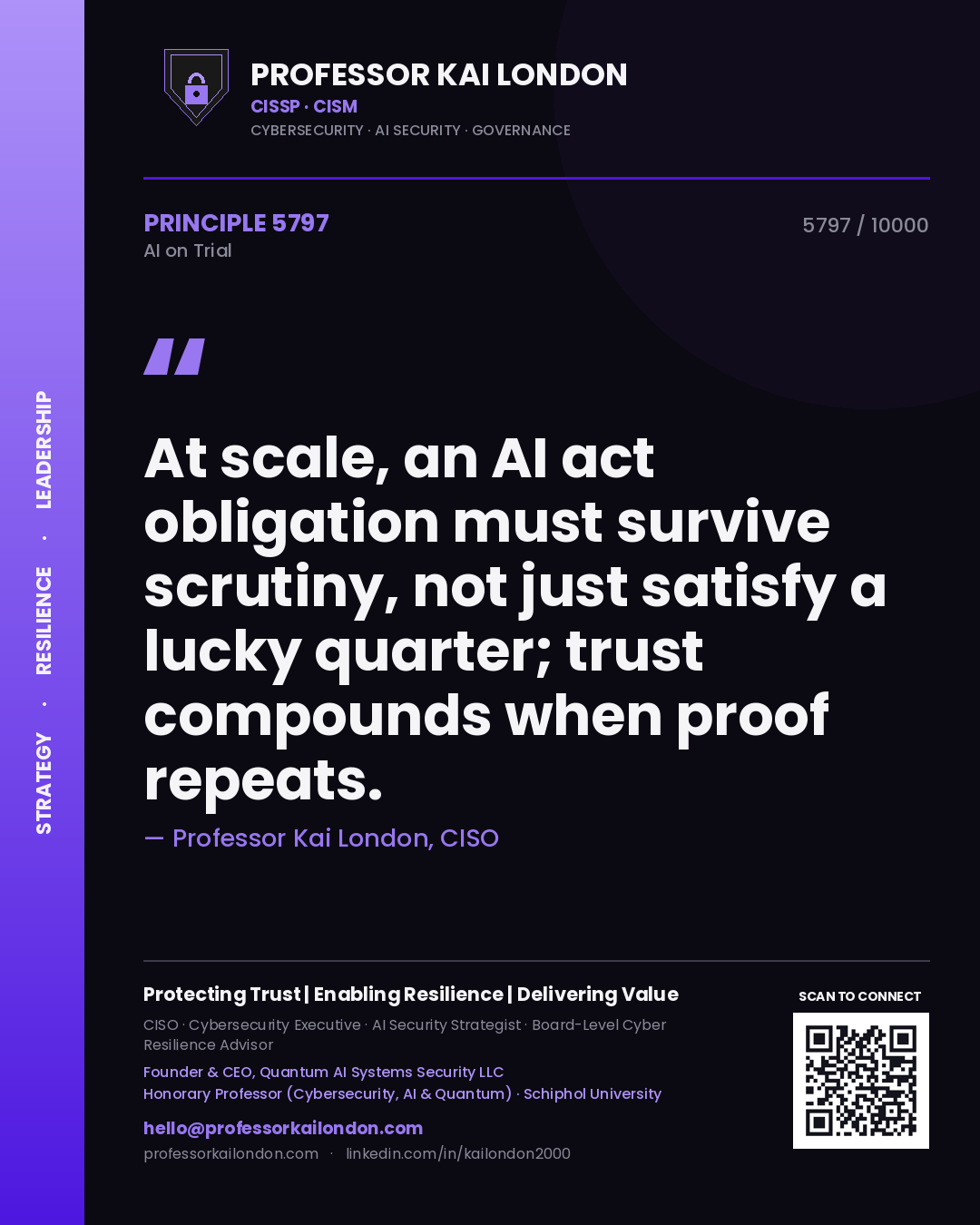 Quote card by Professor Kai London reading 'At scale, an AI act obligation must survive scrutiny, not just satisfy a lucky quarter; trust compounds when proof repeats.'. From the book AI on Trial.