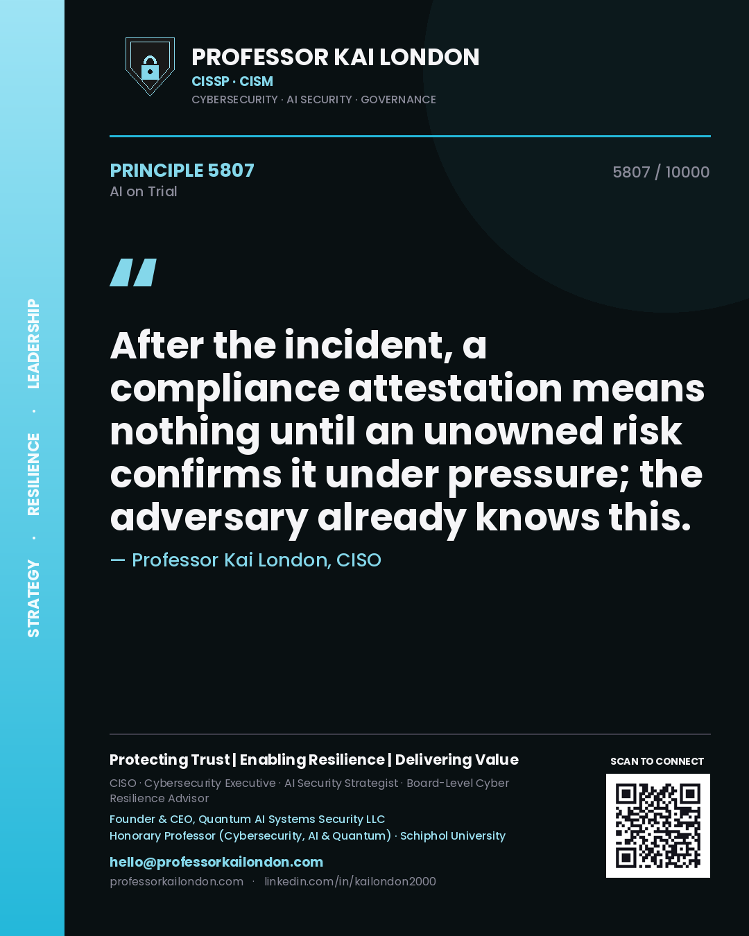 Professor Kai London principle 5807: After the incident, a compliance attestation means nothing until an unowned risk confirms it under pressure; the adversary already knows this.