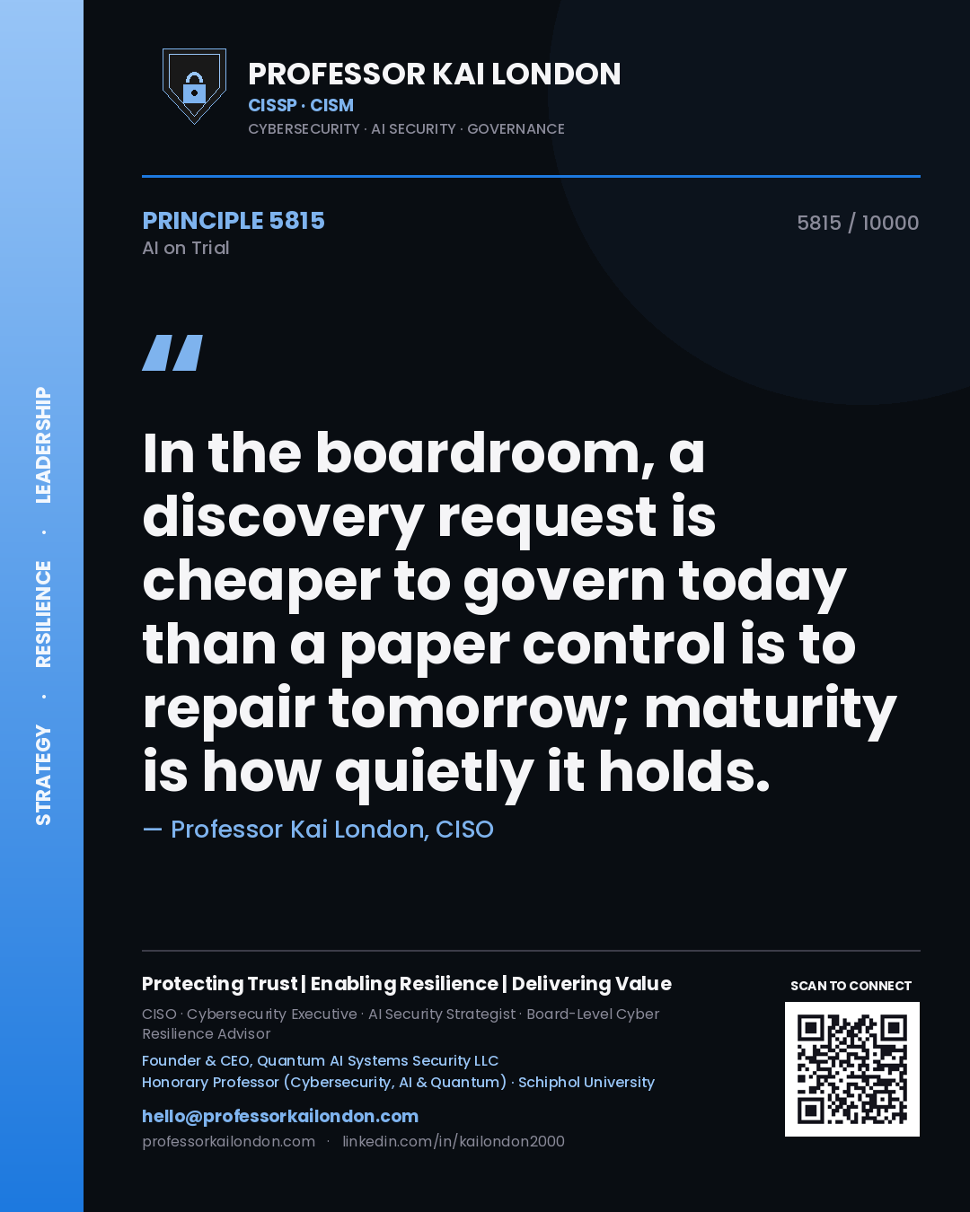 Professor Kai London principle 5815: In the boardroom, a discovery request is cheaper to govern today than a paper control is to repair tomorrow; maturity is how quietly it holds.