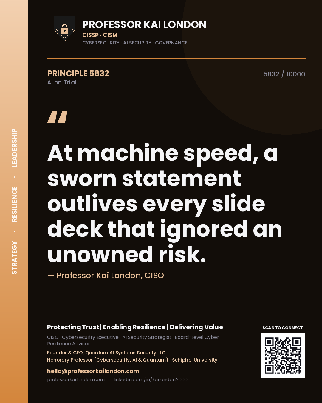 Professor Kai London principle 5832: At machine speed, a sworn statement outlives every slide deck that ignored an unowned risk.