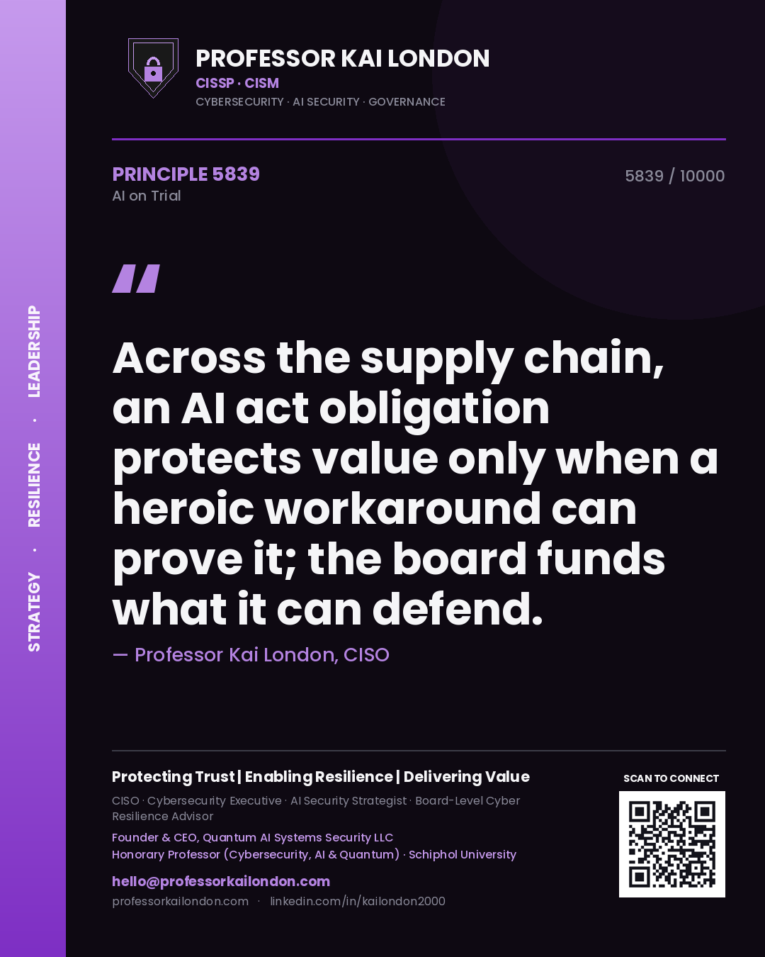 Professor Kai London principle 5839: Across the supply chain, an AI act obligation protects value only when a heroic workaround can prove it; the board funds what it can defend.