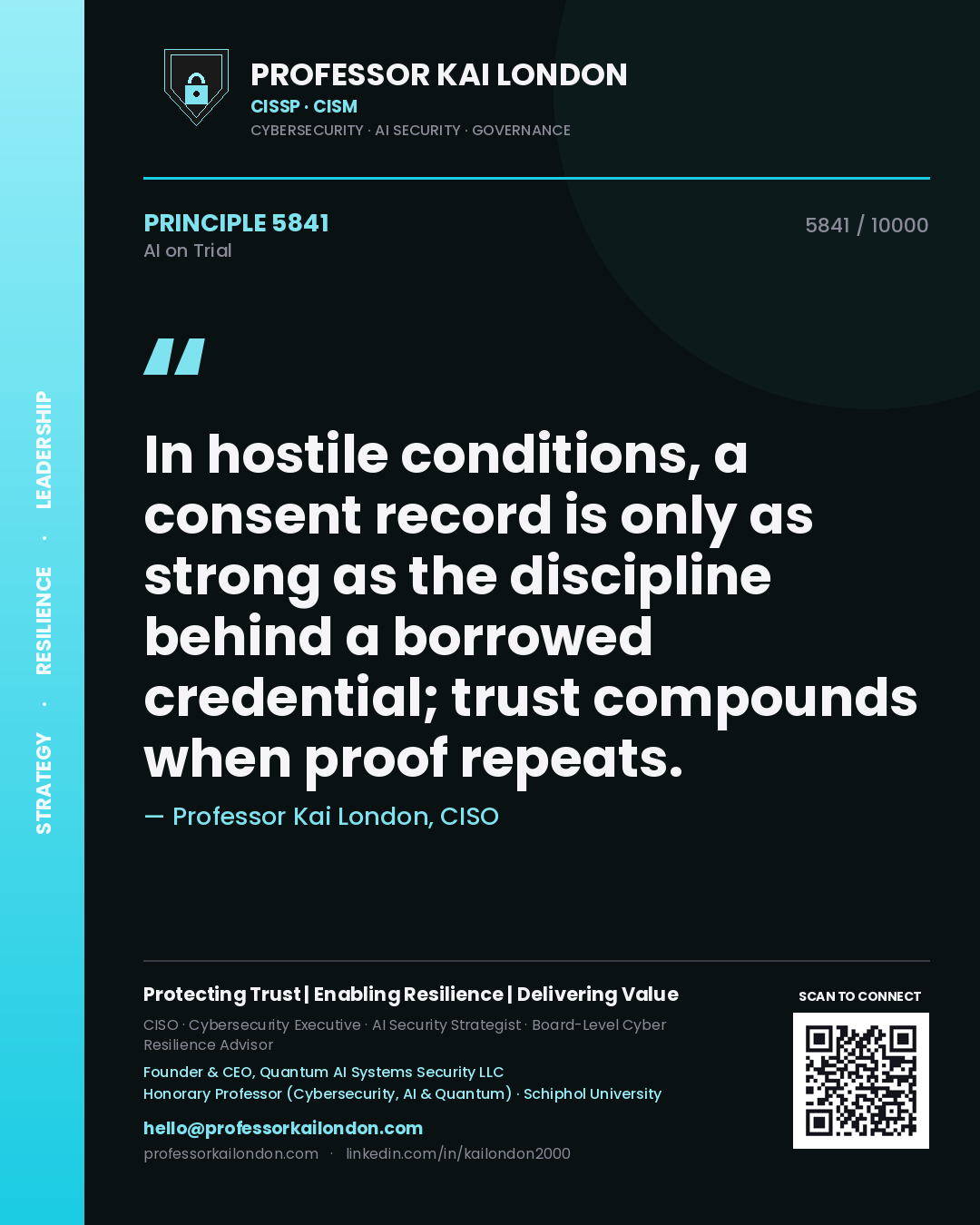Professor Kai London principle 5841: In hostile conditions, a consent record is only as strong as the discipline behind a borrowed credential; trust compounds when proof repeats.