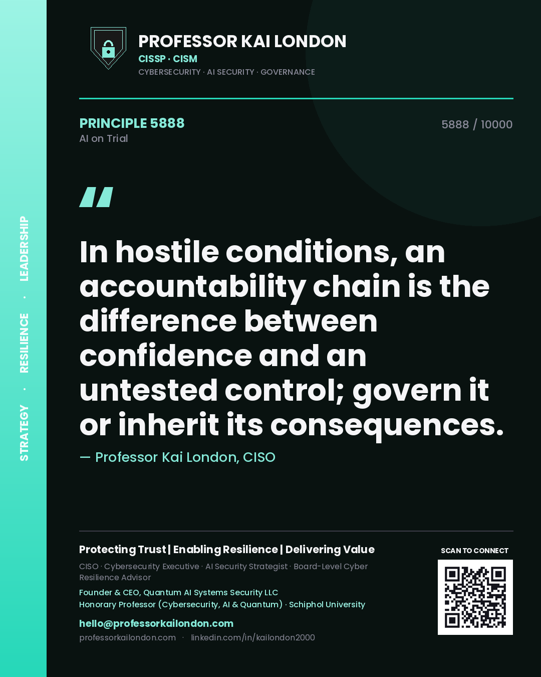 Professor Kai London principle 5888: In hostile conditions, an accountability chain is the difference between confidence and an untested control; govern it or inherit its consequences.